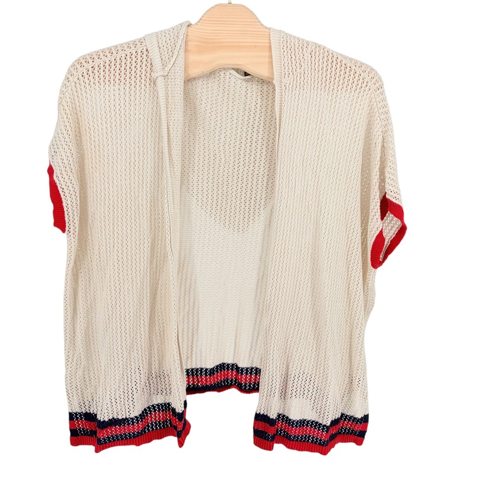 Lane Bryant Cardigan 14/20 Cream Hooded Pointelle Knit Short Sleeve Striped Trim